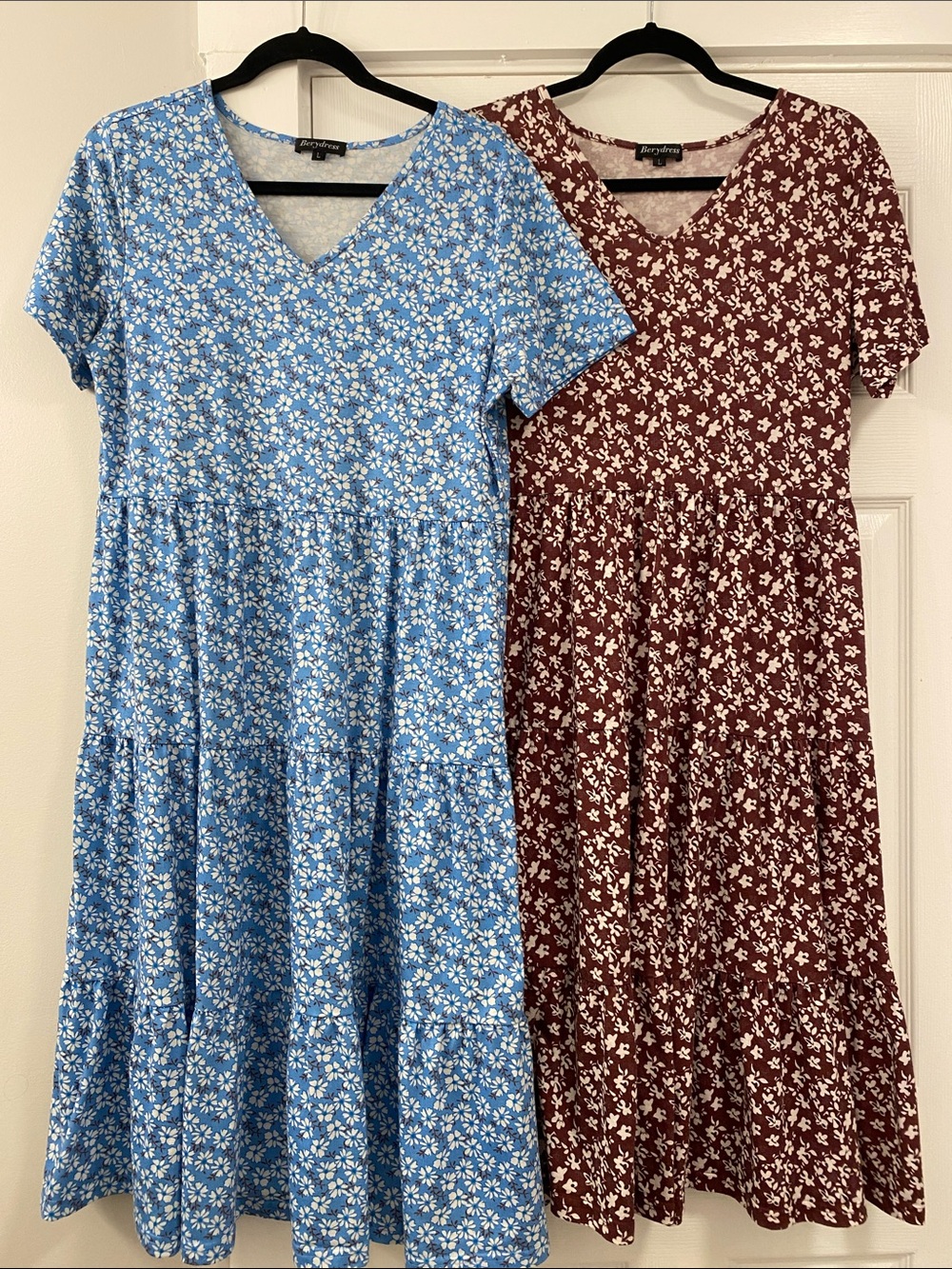 2pc Women's V-Neck Floral Tiered Dress Bundle - Size L Blue & Burgundy